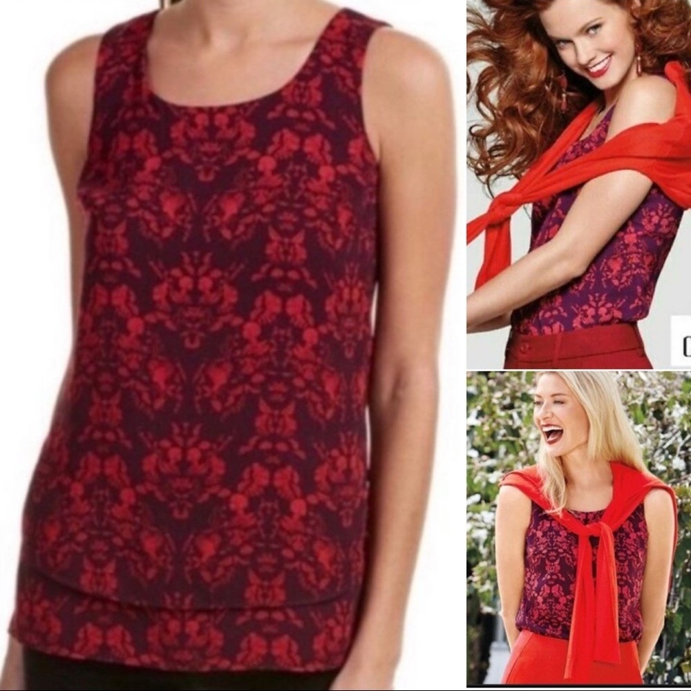 Cabi Tank Top Women Sz S Burgundy Red Damask Tiered V-Back Dark Academia